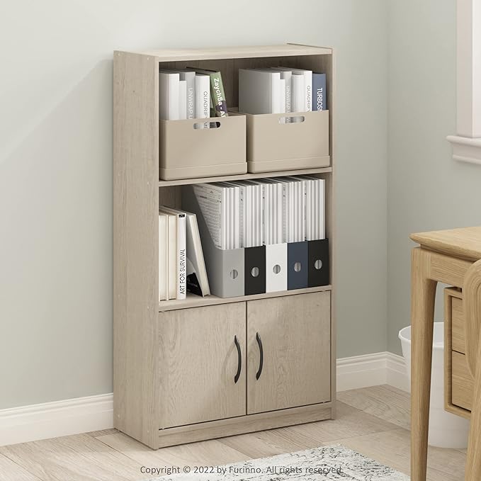Furinno Gruen 3-Tier Open Shelf Bookcase with 2 Doors Storage Cabinet, Metropolitan Pine