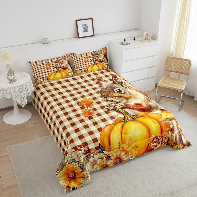 Squirrel Pumpkin Flower 3 Pcs Queen Size Comforter Set,Vintage Yellow Geometric Grid Down Alternative Adults Bedroom Decor,Autumn Harvest Thanksgiving Ultra Soft Microfiber Inner Fill 3Pcs Bedding