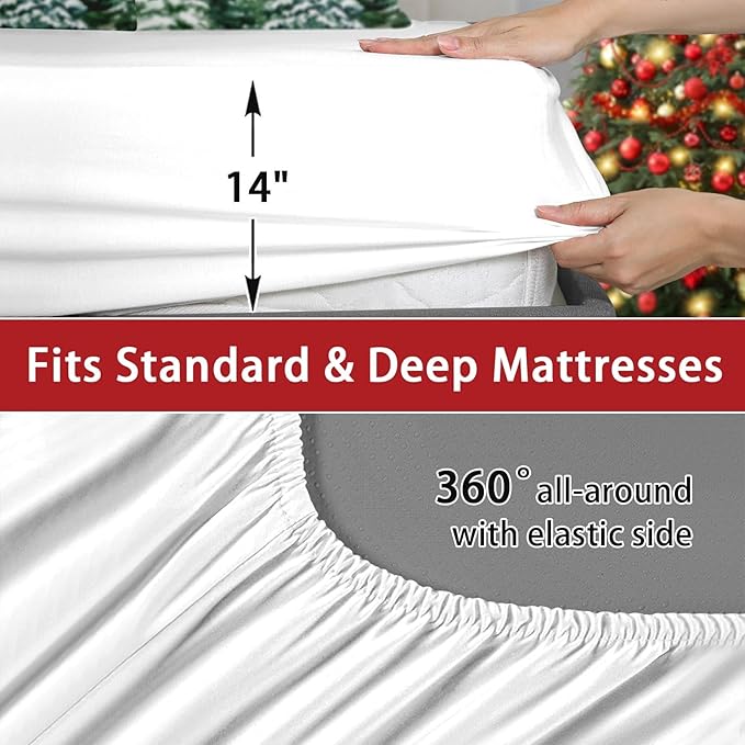 7 Pcs Queen Size Christmas Comforter Set with 2 Pillowcases & 2 Shams, Countryside Nature Snowy Bedding for Kids and Adults, Winter Forest Green Pine Tree Bed in a Bag with Flat Fitted Sheet