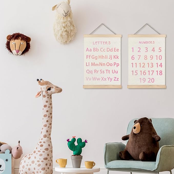 Supwhd Classroom Wall Decor, Numbers and Alphabet Educational Wall Art Poster, Alphabet ABC Numbers from 1 to 20 Poster Wall Decor for Toddler Kids Room Playroom Classroom, 12x16 Set of 2（Pink）