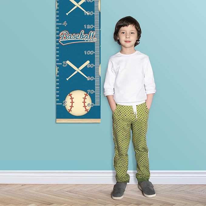 Personalized Kids Name Growth Chart Ruler for Wall Wood Frame Height Measure Chart 13.4x56 in Linen Hanging Height Growth Chart Baseball and Baseball Bat Sport Kids Room Decor