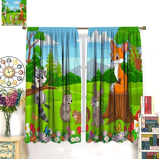 Safari Animal Curtains for Kids Cartoon Woodland Wildlife Jungle Animals Window Treatments for Boys Girls Bedroom Cute Fox Forest Nursery Children Drapes for Living Room W42xL45(Decor)