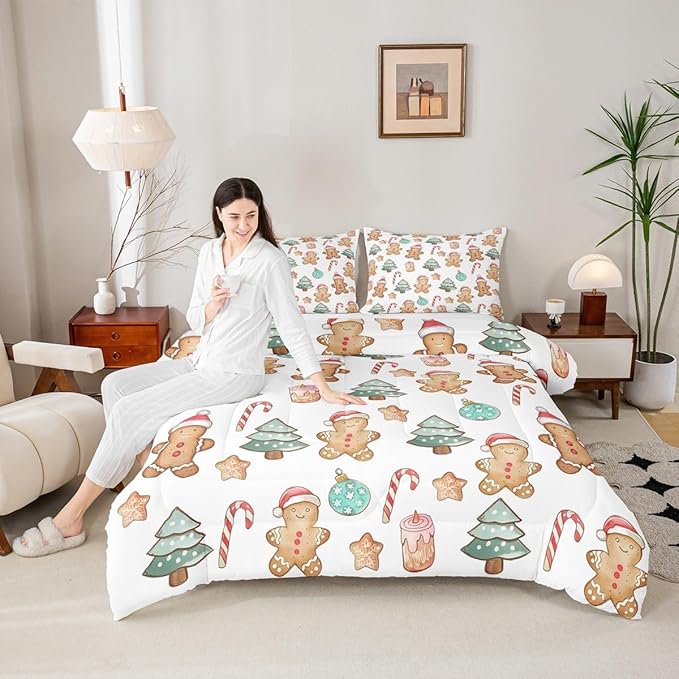 Feelyou Pink Gingerbread Comforter Set Twin Size Christmas Bedding Set for Kids Boys Girls Candy Cane Duvet Quilt Xmas Bedroom Decor Microfiber 2 Pcs with 1 Pillow Cases