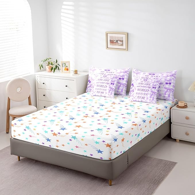 7 Pieces Purple Bowknot Comforter Set King,Cherry Stars Daisy Flowers Romantic Bedding Set,Bow Tie Geometric Plaid Patchwork Dreamy（Comforter+Fitted+Flat Sheet+2 Pillowcases+2 Throw Pillow Covers）