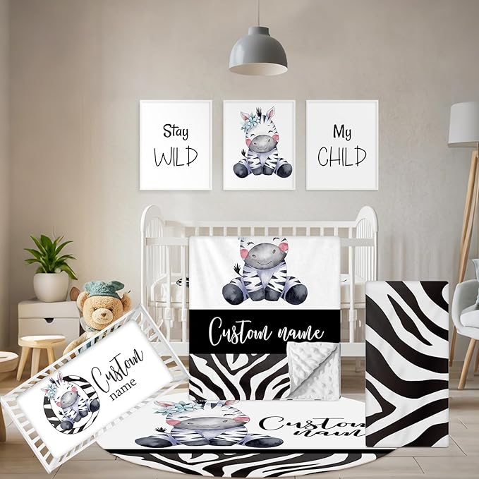 Personalized Baby Crib Bedding Set, 5 Pcs Custom Name Nursery Bedding Set, Striped Zebra Baby Bedding Set for Girls Boys, Double Layer Flannel Baby Crib Set, Toddlers Infants Customized Gifts