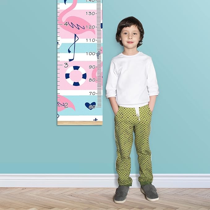 Personalized Kids Name Growth Chart Ruler for Wall Wood Frame Height Measure Chart 13.4x56 in Linen Hanging Height Growth Chart Pink Flamingos Anchor Nautical Kids Room Decor