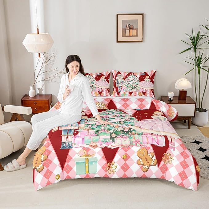 jejeloiu Christmas Nutcracker Comforter Set King Size Gingerbread Man Bedding Set for Kids Boys Girls Xmas Tree Duvet Quilt Red Bedroom Decor