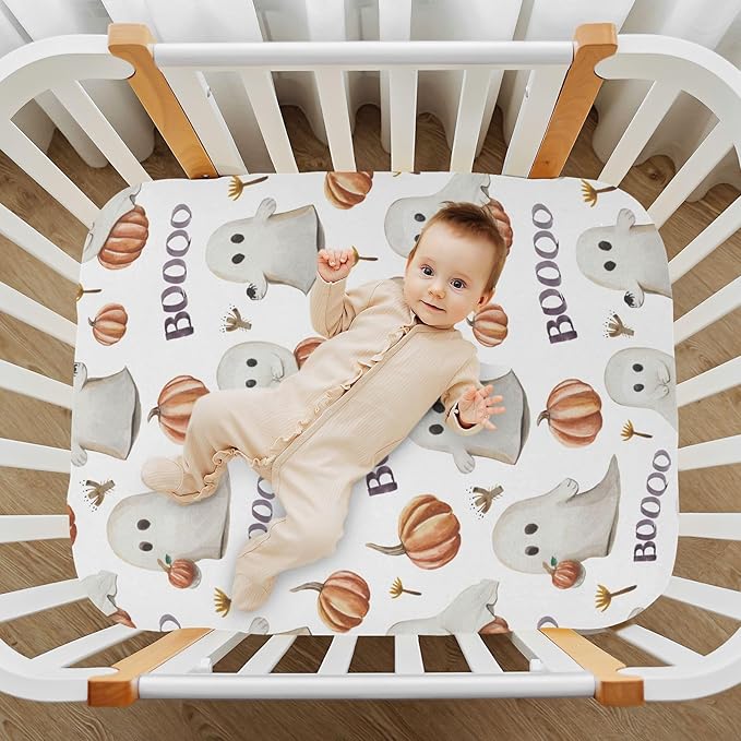 Ghosts Pumpkins Halloween Crib Sheets Soft Breathable Fitted Baby Crib Sheets Mattress Cover for Girl Boys, 52" x 28" x 9"