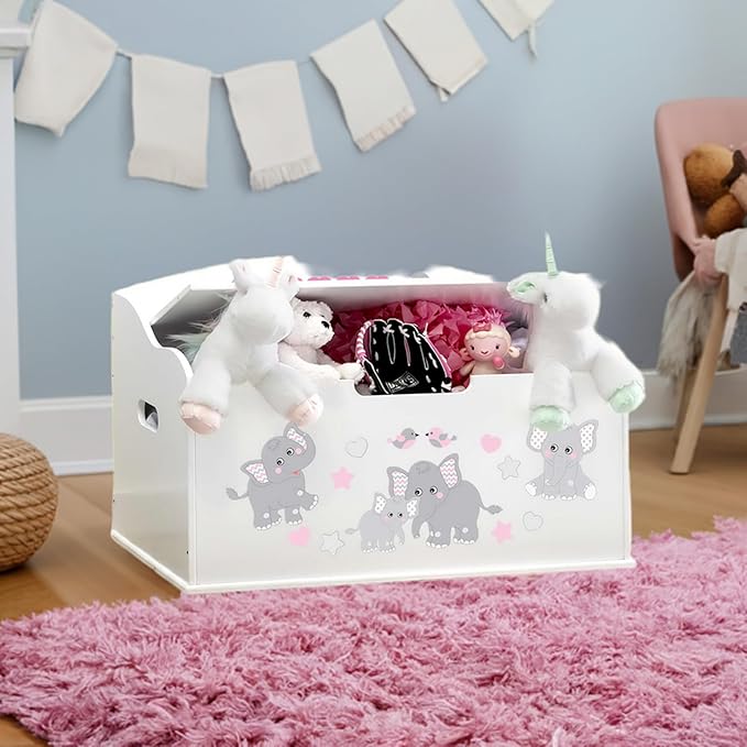 DIBSIES Personalized Creative Wonders Toy Box, Pink Elephants, 30 x 19.25 x 18 inches, Soft-Close Lid (White)