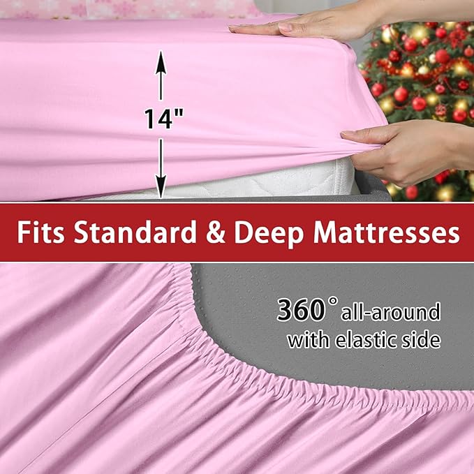 7 Pcs King Size Christmas Comforter Set with 2 Pillowcases & 2 Shams, Pink Winter Snowflake Bedding for Kids and Adults, Funny Sparkle Farm Bed in a Bag with Flat Fitted Sheet