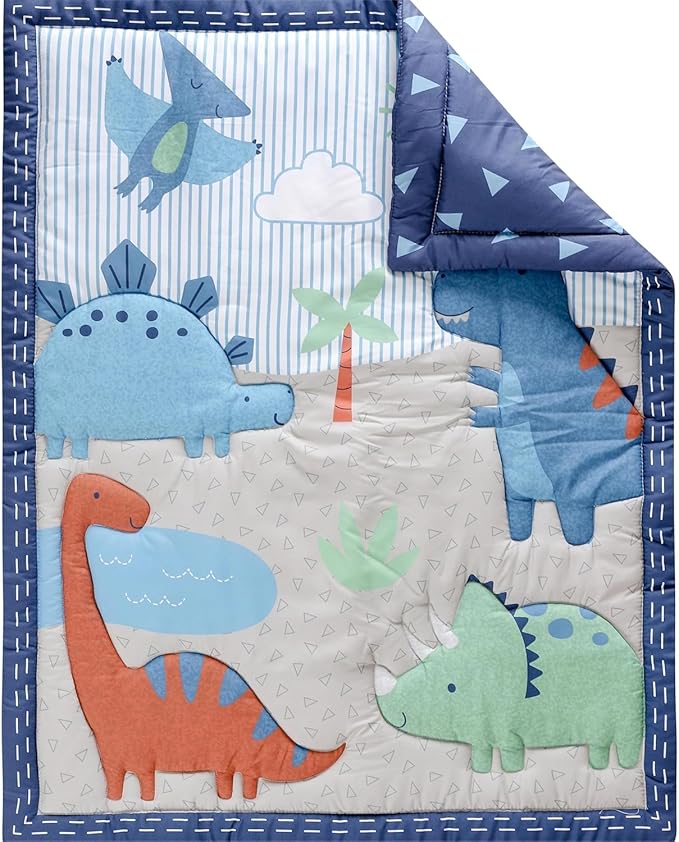 Blue Dinosaur Crib Bedding Set for Baby Boy, 3 Pieces Nursery Set Including Quilt/Fitted Sheet/Crib Skirt