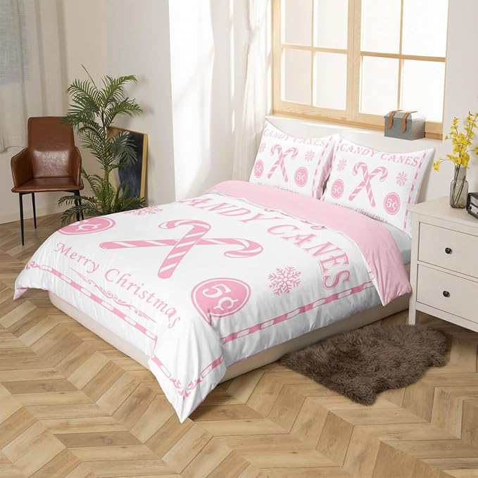 jejeloiu Christmas Bedding Set Twin Size Kids Christmas Quote Comforter Cover Set for Boys Girls Teens Candy Canes Print Duvet Cover Xmas Bedspread Cover Room Decorations Pink Quilt Cover