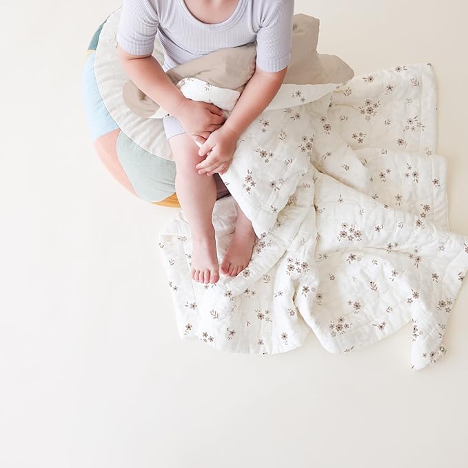 MakeMake Organics Organic Toddler Comforter GOTS Certified Organic Kids Blanket Cotton Infill Tufted - Reversible Ultra Soft Breathable Boys Girls (44"x60", Bloom + Solid Pecan)
