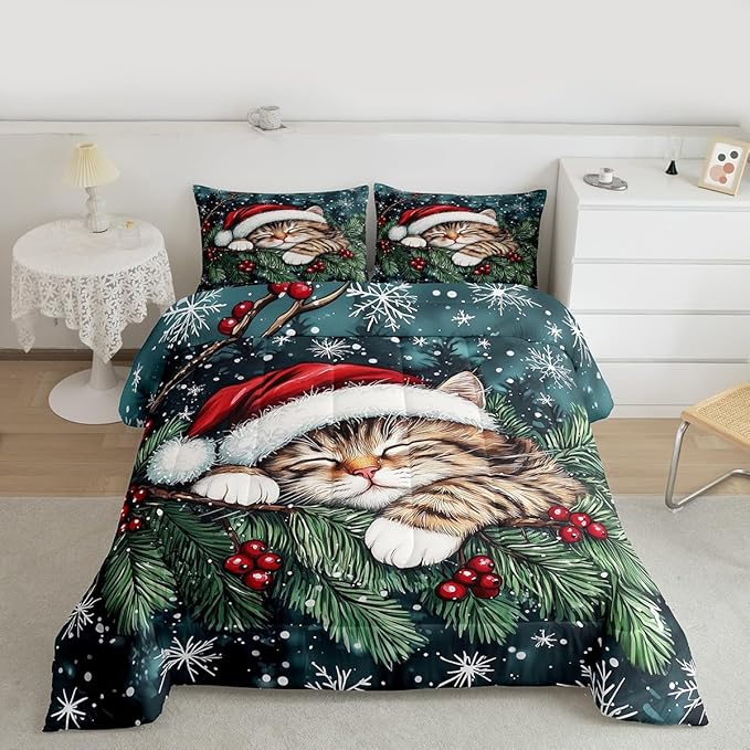 Cute Cat Kids Comforter Set Twin Size,Winter Holly Berry Snowflake Bedding Set Boy Girl Room Decor,Animal Merry Christmas Poinsettia Quilt Comforter,Dark Green Duvet Set Bedroom Quilt Set,1 Pillowcase