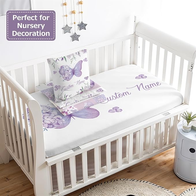 Personalized Baby Crib Bedding Set,3 Piece Custom Name Nursery Set with Blanket, Fitted Sheet & Pillowcase for Baby Girls & Boys, Purple Butterfly Theme(Fixed Size)