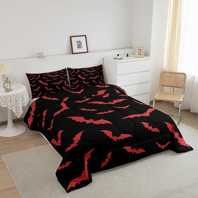 Erosebridal Bat Bedding Set Halloween Comforter Set with 1 Pillow Case Red Bats Animals Quilt Twin Size for Kids Boys Bedroom Holiday Gothic Spooky Style Quilt