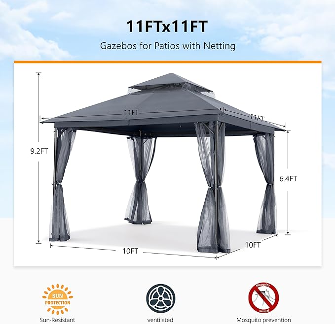 ABCCANOPY Outdoor Patio Gazebo 11x11 - Double Roof Canopy with Mosquito Netting for Backyard, Deck, Garden, Lawn, Dark Gray
