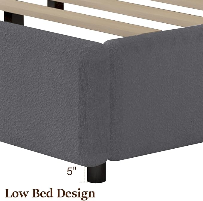 Full Size Bed Frame, Upholstered Platform Bed with Headboard, Boucle Bed Frame with Round Conner, No Box Spring Required, Easy Assembly, Grey