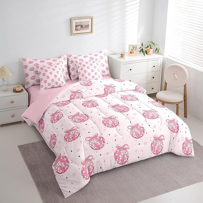 7 Pieces Bowknot Princess Kid Comforter Queen,Disco Crystal Ball Western Cowgirl Bedding Set,Star Bow Tie Sweet Romantic Pink Dreamy（Comforter+Fitted+Flat Sheet+2 Pillowcases+2 Throw Pillow Covers）