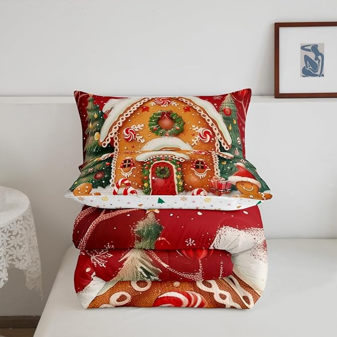 jejeloiu Kids Christmas Theme Comforter Set Full Size Xmas Tree Gingerbread Man Bedding Set for Boys Girls Teens Candy Cane House Winter Happy New Year Duvet Quilt Room Decor