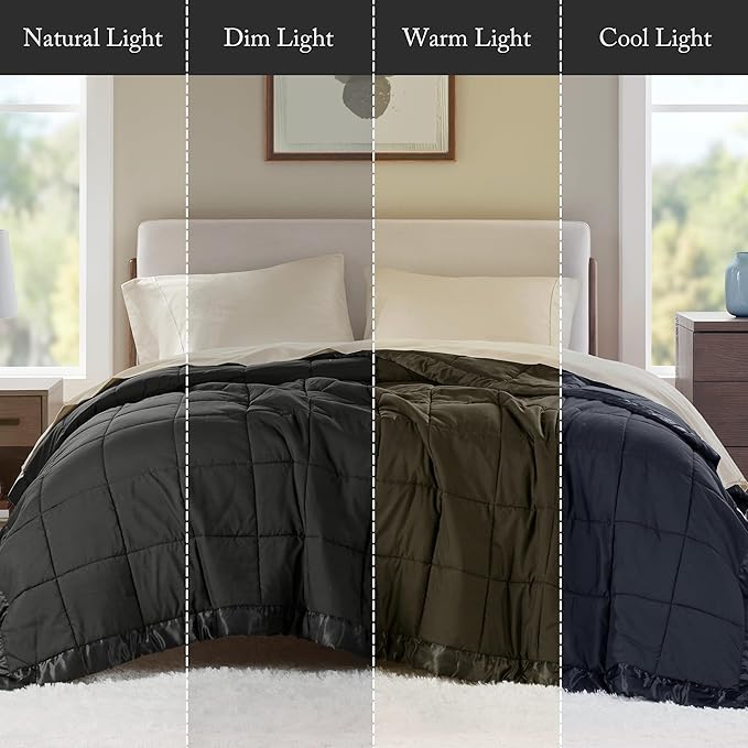 Madison Park Queen Size Blanket Ultra-Soft Microfiber Queen Size, Box Quilting with Satin Binding, All Season & Lightweight Queen Summer Blanket for Bed, Couch & Sofa, Full/Queen, Black