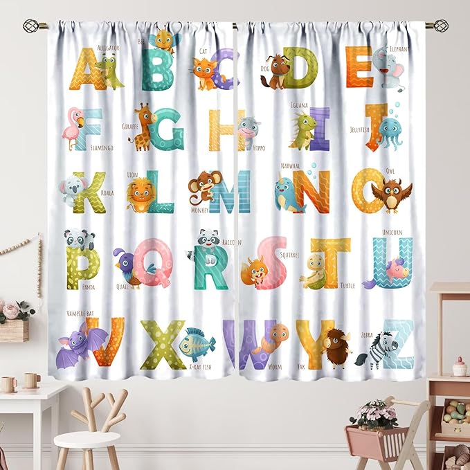 Kids Alphabet Curtains Educational Baby Cartoon Animals Colorful Cute Curtain with Rod Pocket for Nursery Living Room Home Decor Drapes Window Treatments 2 Panels Set 42x54 Inch