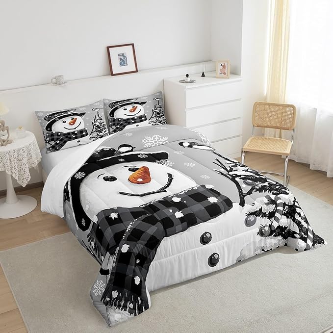 Feelyou Kids Christmas Theme Decorations Bedding Set Xmas Snowman Comforter Set for Boys Girls Snowflake Kawaii Cute Grey Bedroom Collection Twin Size