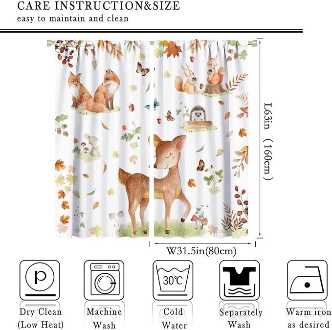 Fall Animails Curtains for Kids, Rustic Cute Woodland Wild Animal Window Treatments Watercolor Autumn Leaves Cartoon Fox Deer Window Drapes for Nursery Toddler Bedroom 63x63in
