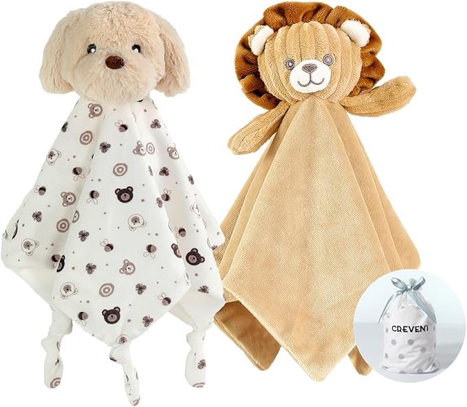 CREVENT Cozy Plush Baby Security Blanket, Loveys for Baby Girls and Boys, Birthday (Dog + Lion)