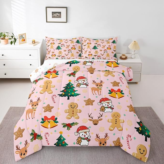 Feelyou Merry Christmas Bedding Set Soft for Boys Girls, Gingerbread Man Comforter Set Toddler Size Cute Deer Duvet Quilt Microfiber Christmas Tree 2 Pcs with 1 Pillow Cases