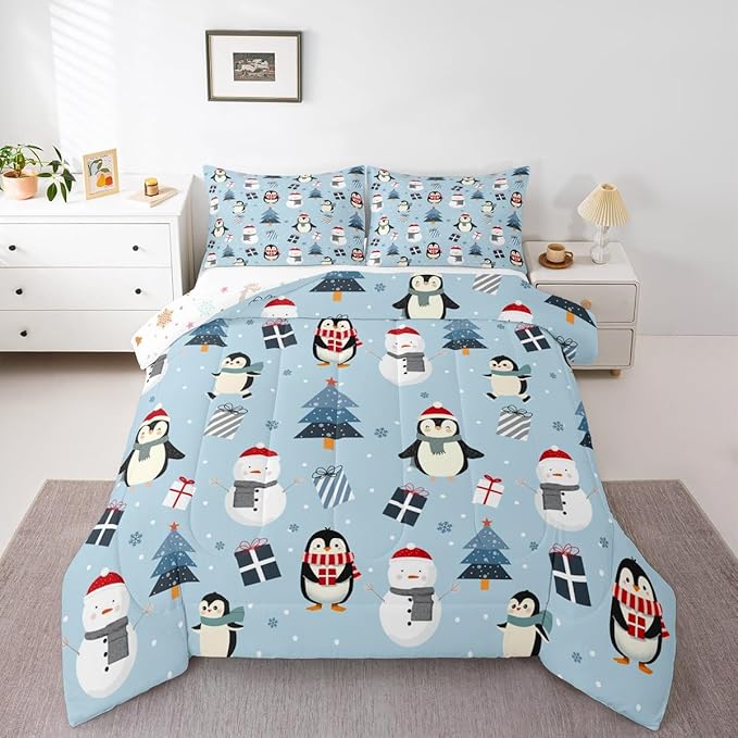 Feelyou Merry Christmas Bedding Set Soft for Boys Girls, Penguin Comforter Set Queen Size Xmas Tree Snowman Duvet Quilt Microfiber Gift Snowflake Bedroom Decor 3 Pcs with 2 Pillow Cases