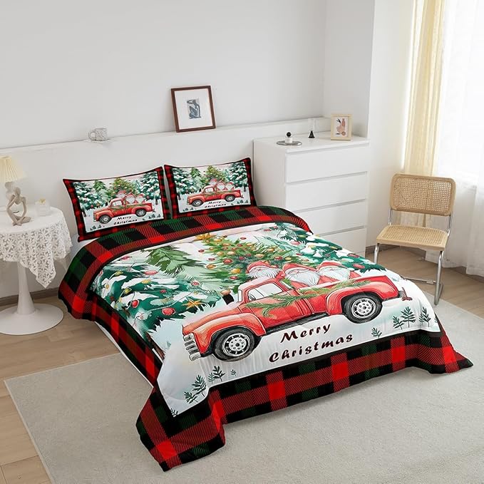 Xmas Theme Comforter Set Twin Size,Christmas Tree Retro Red Truck Bedding Set for Kids Boys Girls Room Decor,Black Red Plaid Quilt Set 2Pcs,Cartoon Gnome Merry Christmas Duvet Insert,1 Pillowcase