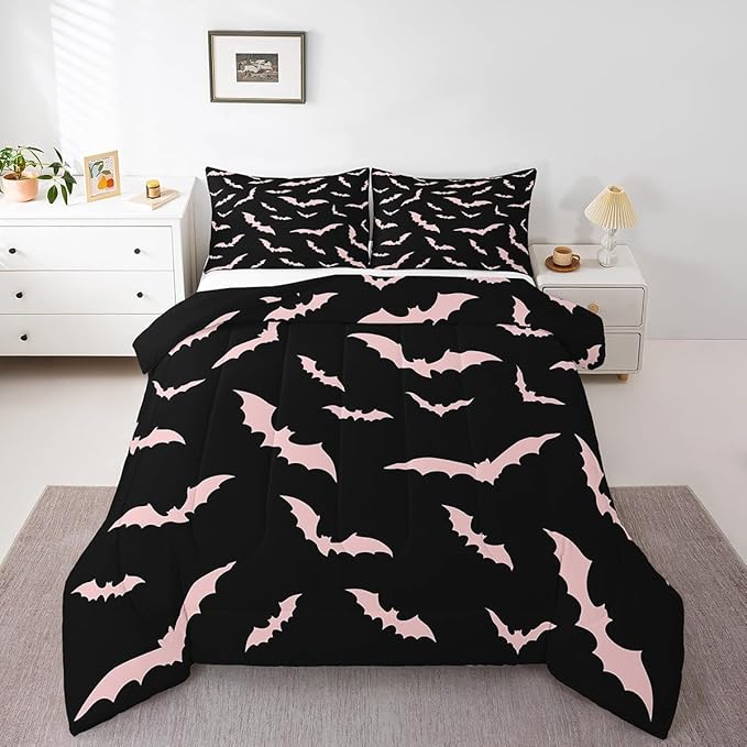 Erosebridal Bat Comforter Set Halloween Pink Bats Bedding Set with 2 Pillow Cases Silhouette Gothic Quilt Queen Size for Kids Boys Youth Gothic Spooky Bedding Comforter Sets,Black