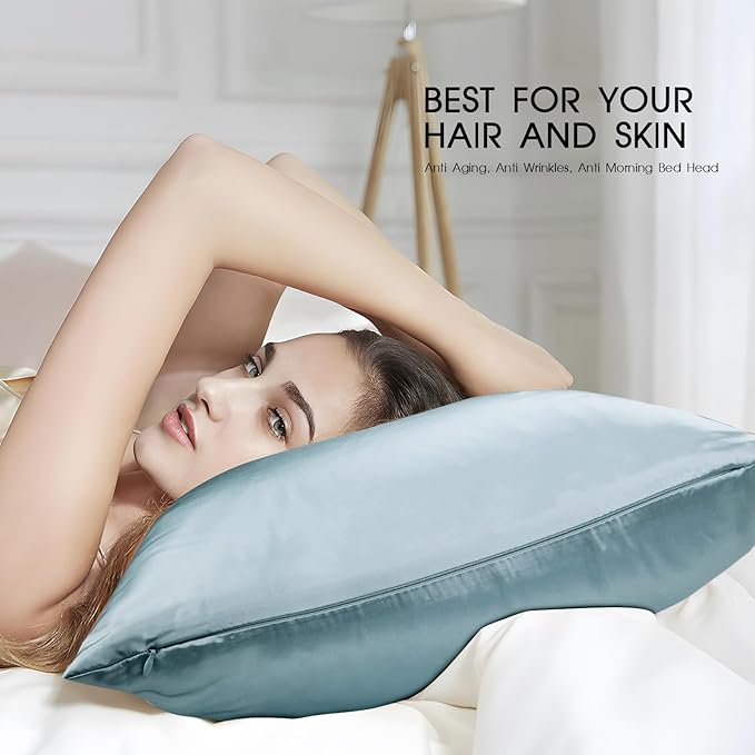 100% Mulberry Silk Pillowcase with Hidden Zipper,Both Sides Pure Silk Breathable Pillow Case for Hair and Skin,19 Momme Grade 6A,1pc,Pale Blue,Queen Size 20x30 Inches