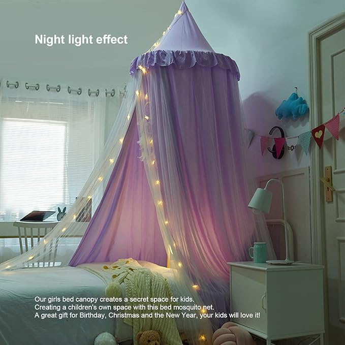 Bed Canopy for Girls, Double Layer Dome Mosquito Net Princess Canopy for Girls Bed Room Decor Reading Nook (Purple)