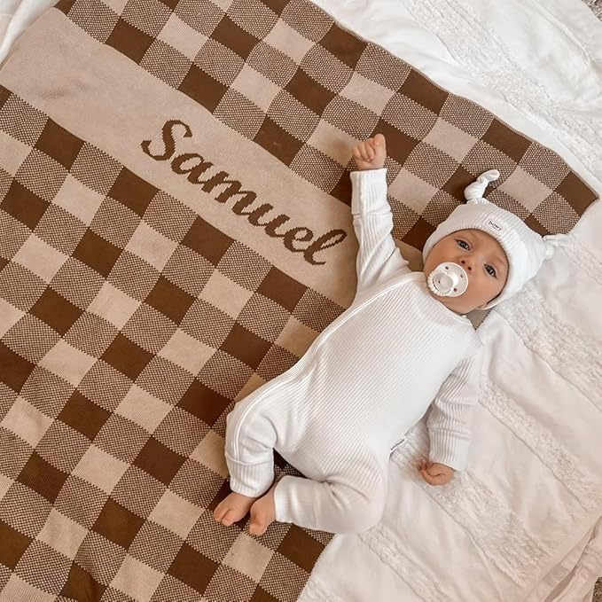 Personalized Gingham Name Blanket – 100% Organic Cotton Customized Baby Blanket, Custom Name, Bassinet 30x40, Gift for Baby Shower, Birthday Present, Girls and Boys, Toddlers Kids, Made In America