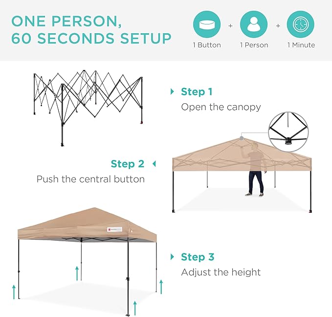 Best Choice Products 12x12ft 1-Person Setup Pop Up Canopy Tent Instant Portable Shelter w/ 1-Button Push, Case, 4 Weight Bags - Tan
