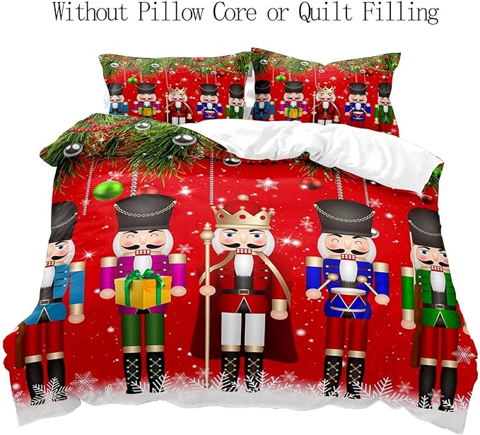 LUVIVIHOME 2PCS Christmas Nutcracker Duvet Cover Twin Bedding Sets, Teens Boys Girls Kids Bedding, Christmas Balls Snowflake Winter Holiday Festival Xmas Gifts Red Comforter Quilt Cover, 1 Pillow Sham