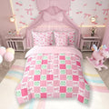 7 Pieces Cartoon Frog Kids Comforter Set King,Pink Bowknot Bow Tie Butterfly Knot Bedding Set,Geometric Plaid Grid Patchwork Cute（Comforter+Fitted+Flat Sheet+2 Pillowcases+2 Throw Pillow Covers）
