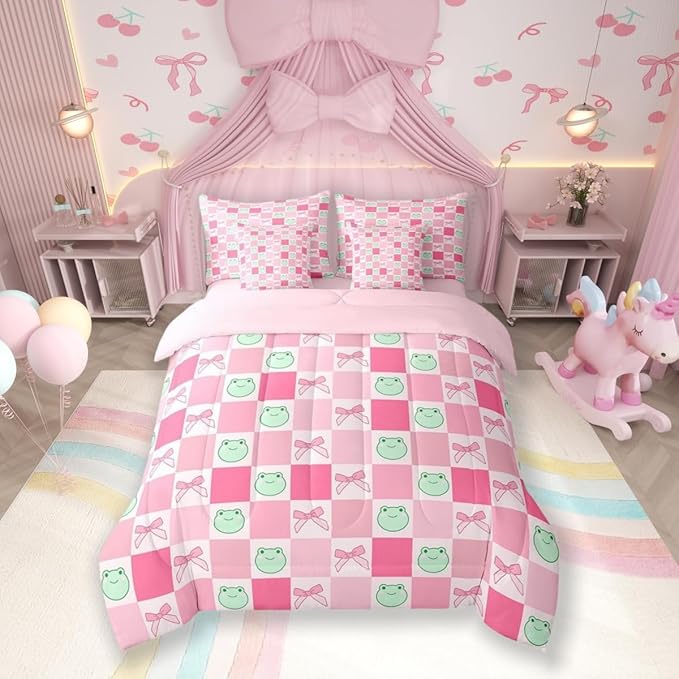 7 Pieces Cartoon Frog Kids Comforter Set Full,Pink Bowknot Bow Tie Butterfly Knot Bedding Set,Geometric Plaid Grid Patchwork Cute（Comforter+Fitted+Flat Sheet+2 Pillowcases+2 Throw Pillow Covers）