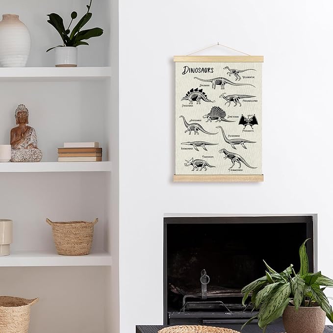 BCUANGD Dinosaur Dino Skeleton Wall Decor - Baby Toddler Boys Room Wall Art Poster Hanger with Wood Frames, Inspirational Wall Hanging Canvas Decor for Kids Room Playroom Nursery Bedroom, 12x16 Inches