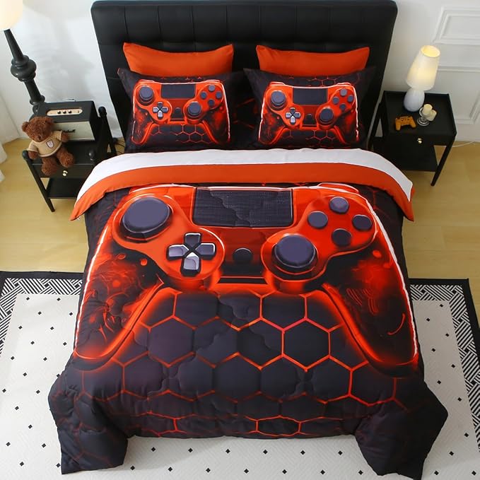 Wajade Game Console Comforter Set for Boys 7 Piece Orange 3D Gaming Geometric Bedding Sets for Kids Twin Size as Birthday with Comforter, Sheet Set, Pillowcase and Sham
