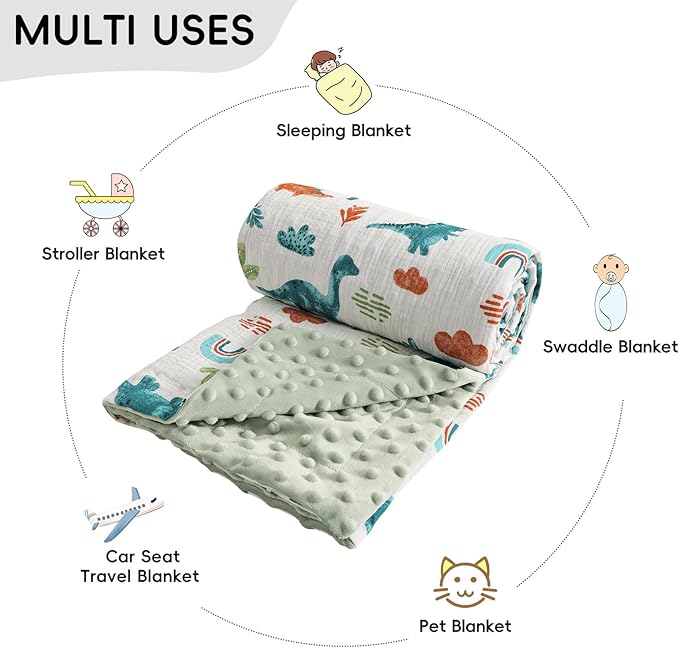 david's kids Muslin Minky Baby Blanket for Boys Girls with Muslin Cotton Front and Dotted Fleece Backing, Breathable and Soft Lightweight Receiving Blanket for Newborns, 40x50 Inches, Dinosaur