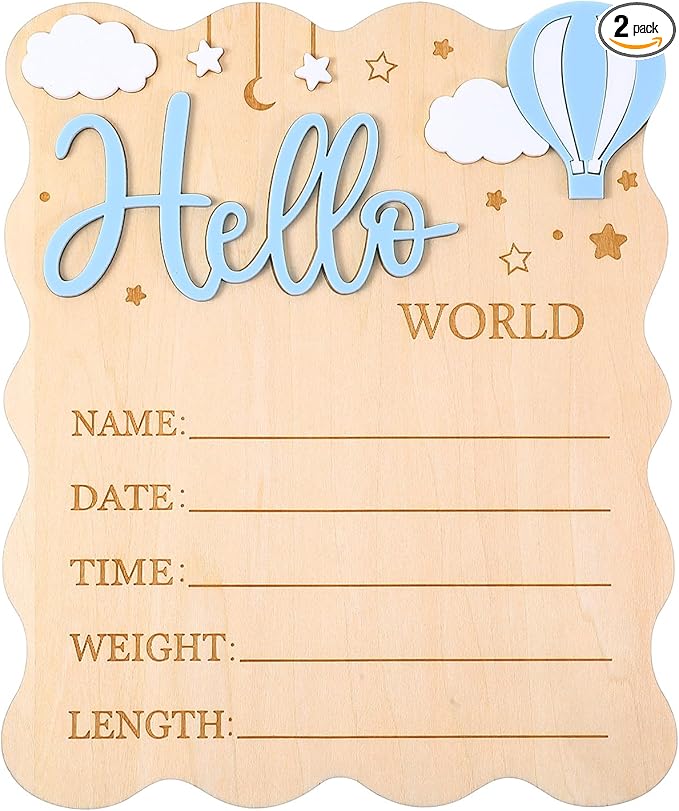 Hello World Newborn Sign, Wooden Newborn Announcement Sign, Boys Girls Birth Information Record Board with Hot Air Balloon Cloud Star Design for Photo Prop for Baby Shower Hospital Nursery