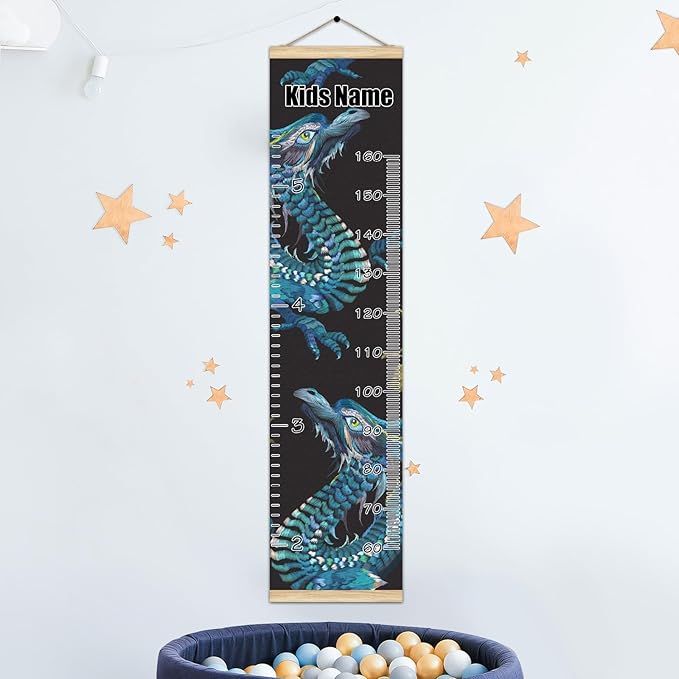 Personalized Kids Name Growth Chart Ruler for Wall Wood Frame Height Measure Chart 13.4x56 in Linen Hanging Height Growth Chart Retro Blue Dragon Kids Room Decor