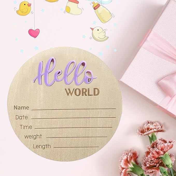 Baby Announcement Sign, 5.9 Inch Wooden Hello World Newborn Signs, Birth Announcement Sign, Baby Shower Hospital Nursery for Newborn Boys and Girls… (Purple)