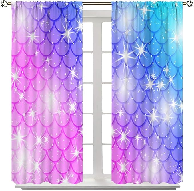 Mermaid Blackout Curtains, Kids Cartoon Blue and Pink Ocean Mermaid Scale Pattern Decoration for Girls Bedroom Nursery Curtains 42x54 Inch