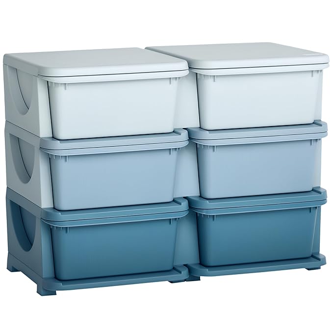 Qaba 3 Tier Kids Storage Unit, 6 Drawer Chest Toy Organizer Plastic Bins for Kids Bedroom Nursery Kindergarten Living Room for Boys Girls Toddlers, Blue