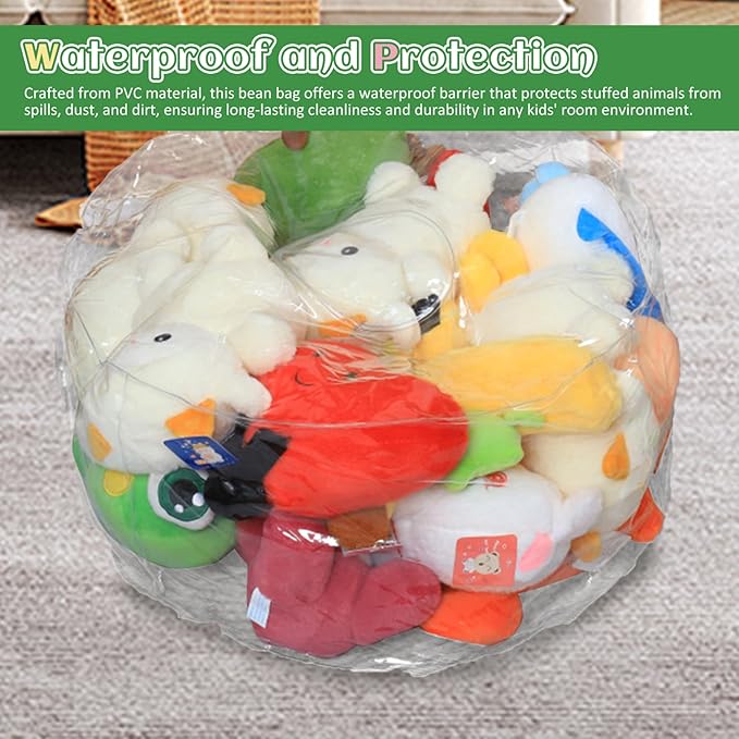 Bean Bag Stuffed Animal Storage Waterproof PVC Clear Bean Bag with Zipper Stuffable for Kids Toddler Chair for Organizing Kids Rooms for Stuffed Animals Storage, Animal Ba