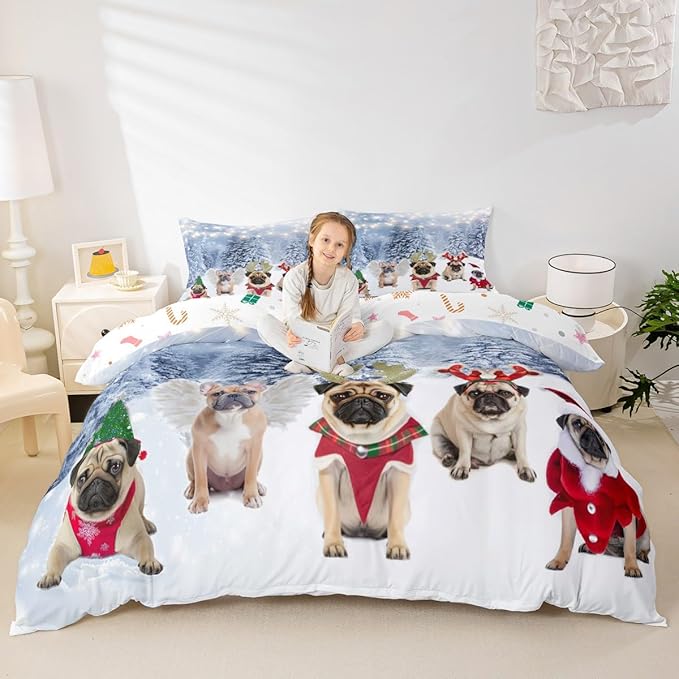 Feelyou Dog Xmas Duvet Cover Cute Pug Dog Christmas Tree Style Bedding Set 3D Animal Comforter Cover for Boys Girls Children Teens Bedroom Decor White Blue Bedspread Cover Toddler with 1 Pillow Case